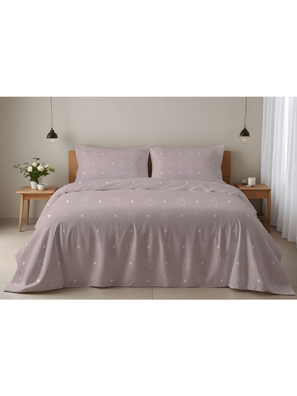 Karışık Kalp Desenli Çift Kişilik Pamuklu Nevresim Takımı 200x220 cm Çift Taraf Baskılı