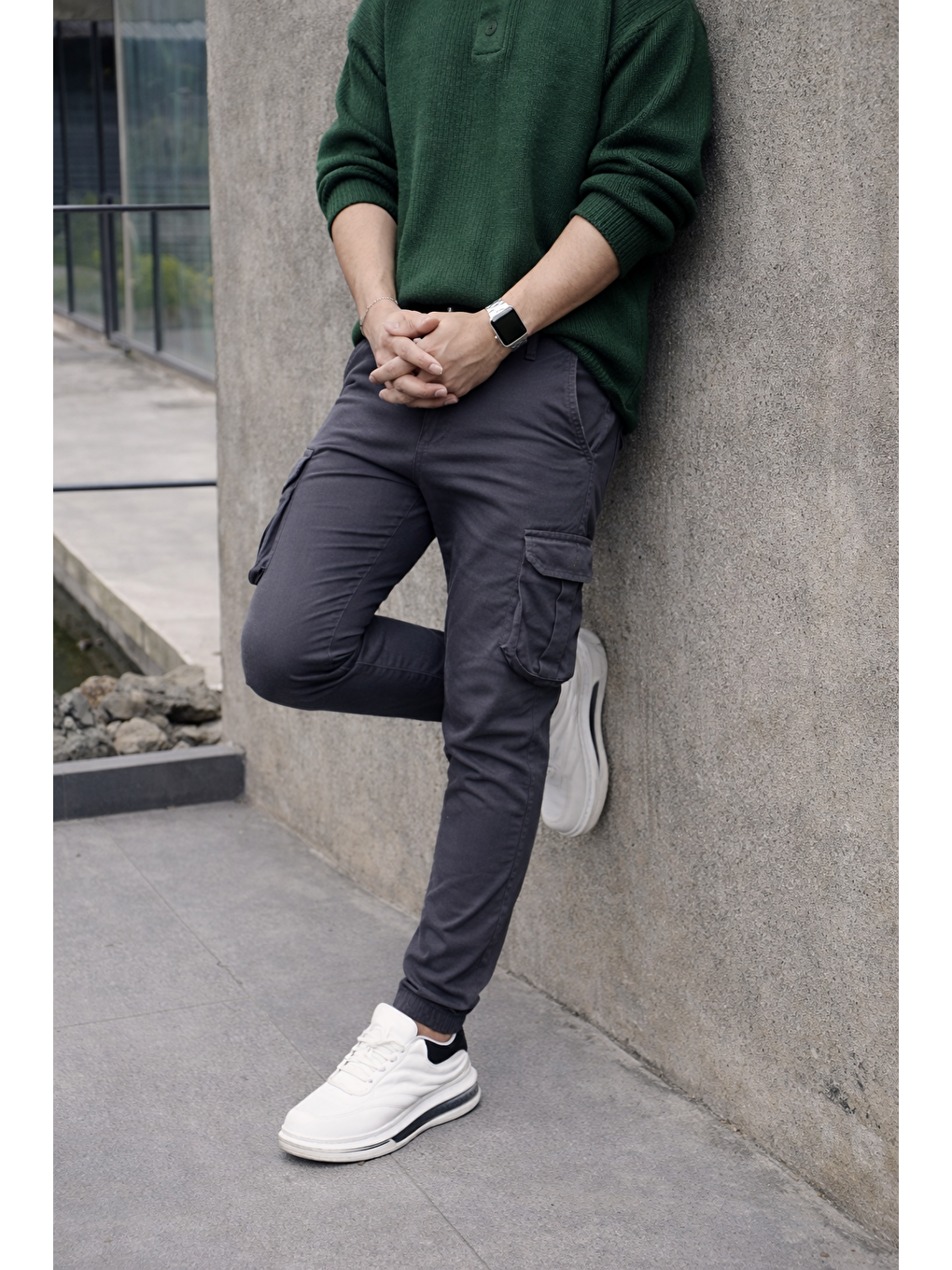 Erkek Trend Dar Kargo Cep Lastikli Paça Antrasit Pantolon-5