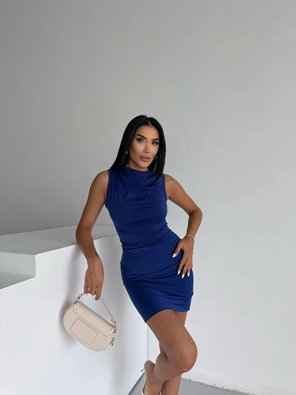 Kadın Saks Mavi Beli Drapeli Sandy Kumaş Mini Elbise HZL25S-FRY122981-2