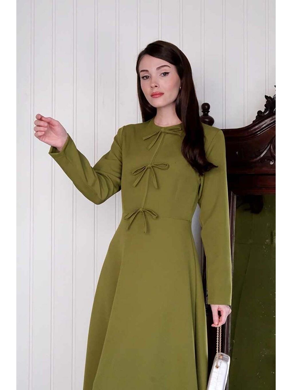 Yağ Yeşili Fiyonk Detay Elbise-2