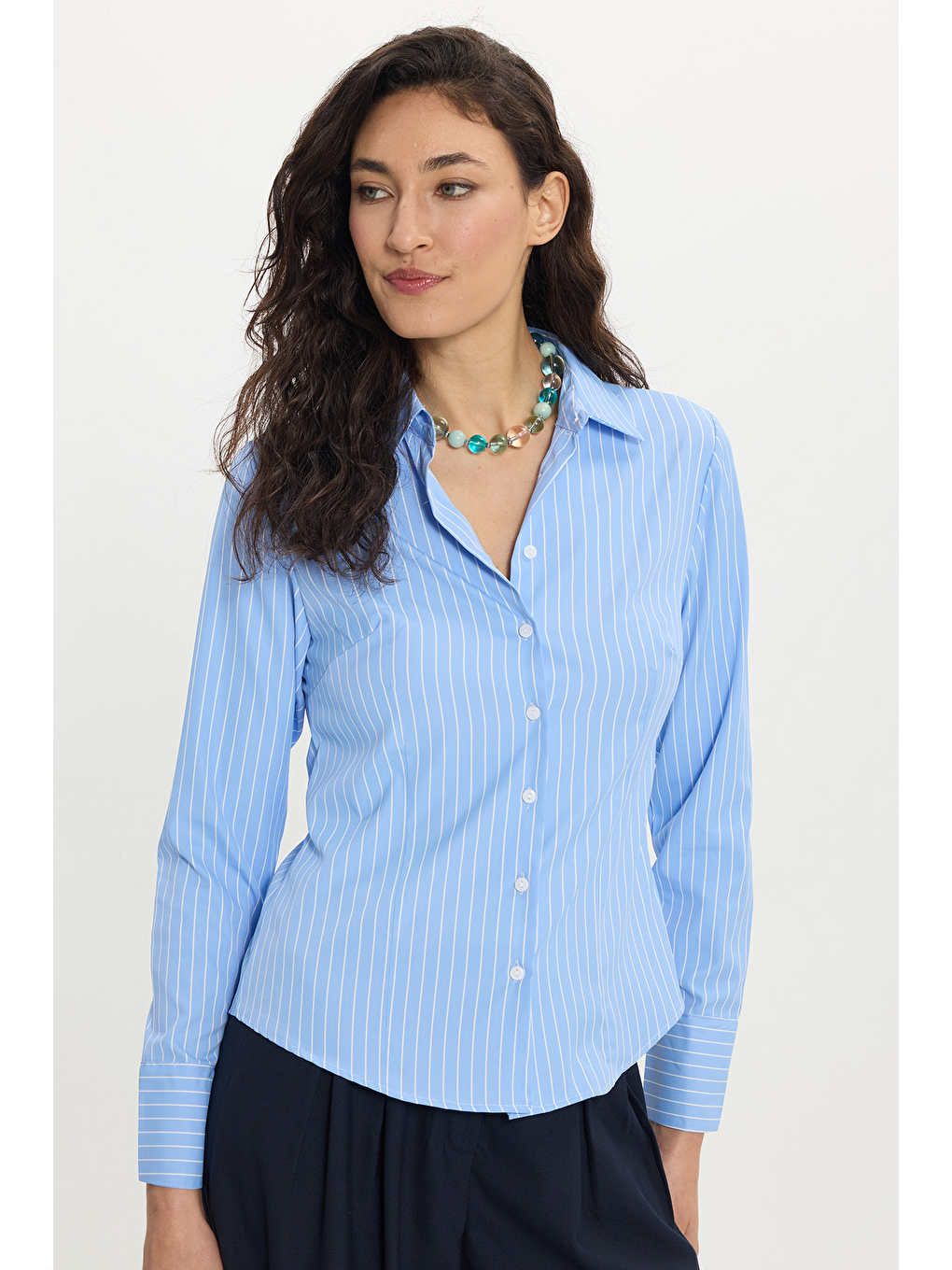 Kadın Slim Fit Dar Kesim Uzun Kollu Çizgili Mavi Gömlek-2