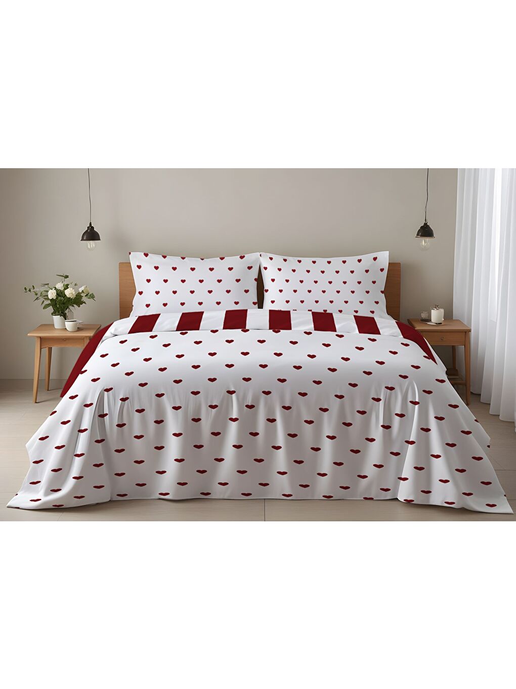 Karışık Kalp Desenli Çift Kişilik Pamuklu Nevresim Takımı 200x220 cm Çift Taraf Baskılı