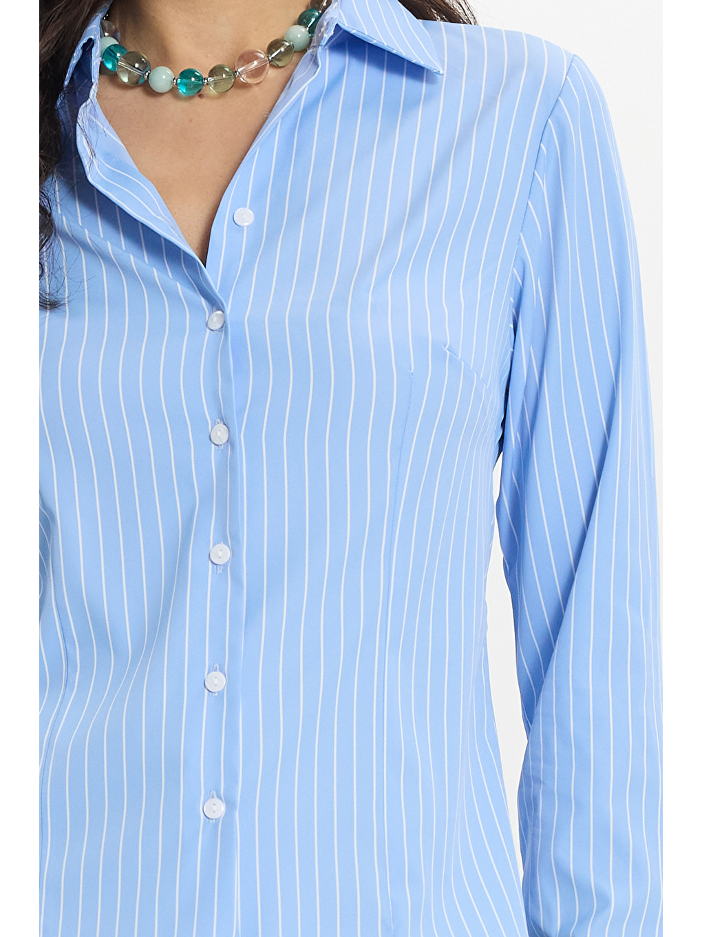 Kadın Slim Fit Dar Kesim Uzun Kollu Çizgili Mavi Gömlek-4