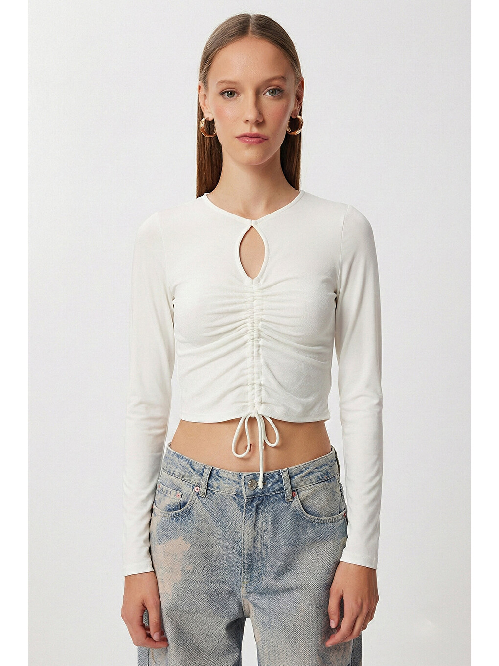 Ekru Büzgülü Cut Out Detaylı Örme Bluz ?? EKRU LEX0018-1