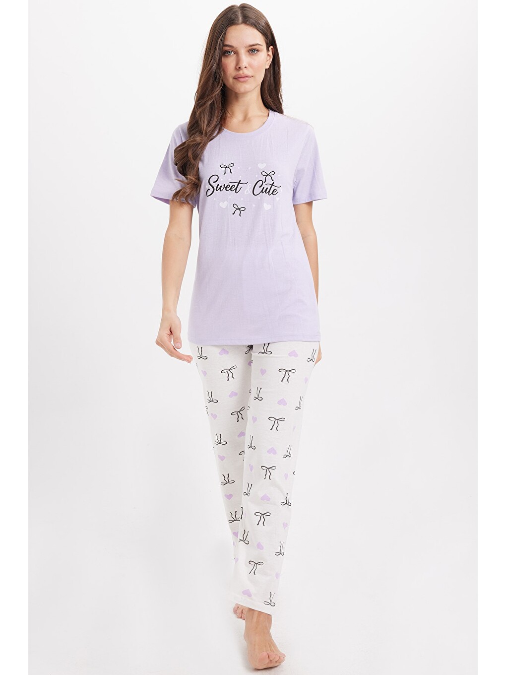 Kadın Regular Fit Klasik Kesim %100 Pamuk Bisiklet Yaka Kısa Kollu Baskılı Lila Pijama Takımı-3