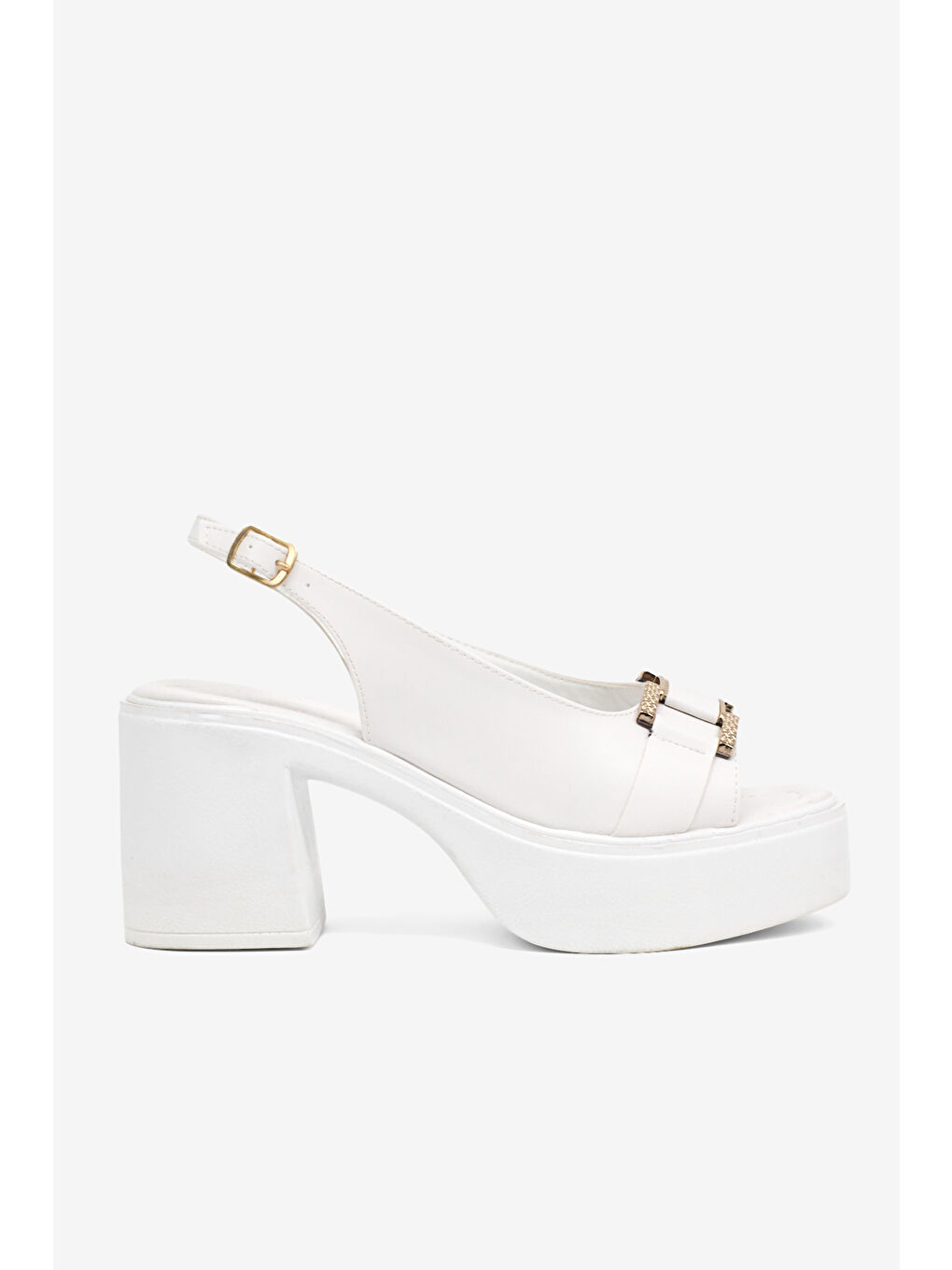 Kadın Beyaz Yüksek Taban Rahat Tokalı Topuklu Sandalet