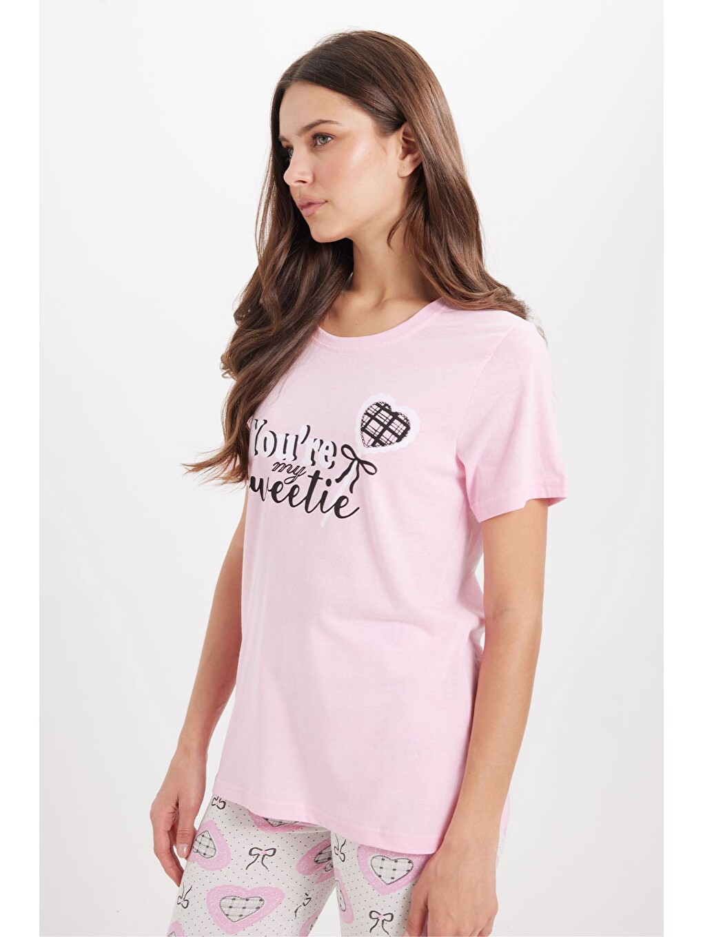 Kadın Regular Fit Klasik Kesim %100 Pamuk Bisiklet Yaka Kısa Kollu Baskılı Pembe Pijama Takımı-1