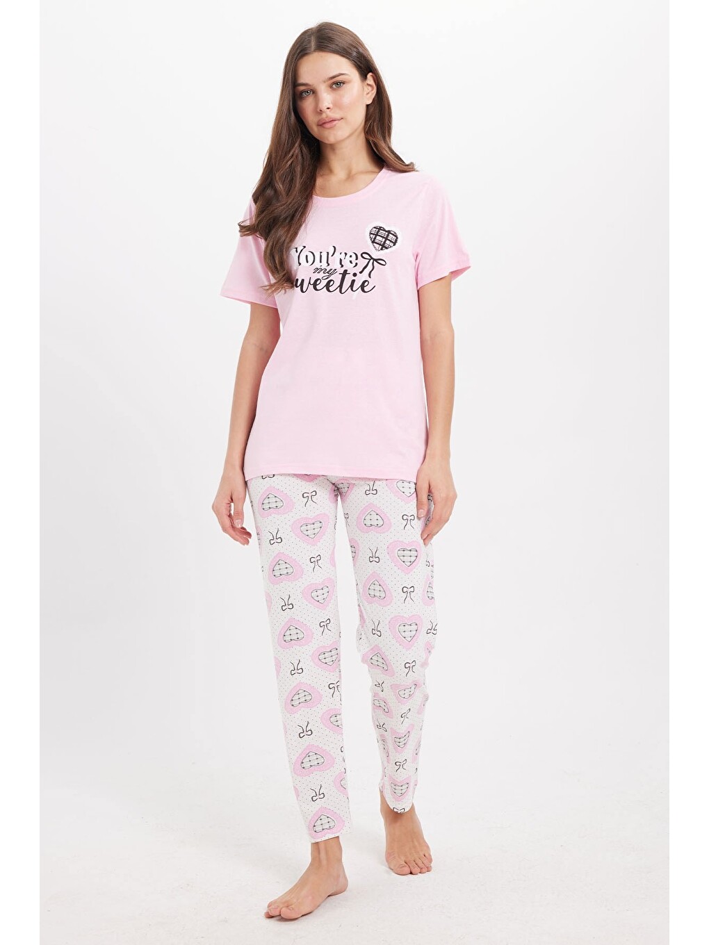 Kadın Regular Fit Klasik Kesim %100 Pamuk Bisiklet Yaka Kısa Kollu Baskılı Pembe Pijama Takımı-2
