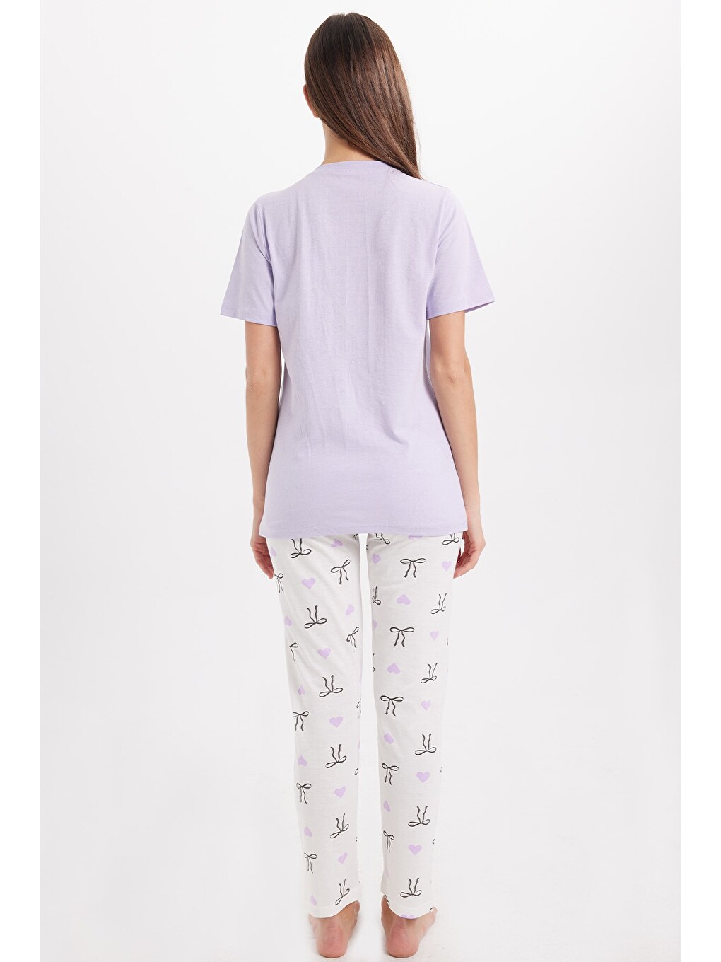 Kadın Regular Fit Klasik Kesim %100 Pamuk Bisiklet Yaka Kısa Kollu Baskılı Lila Pijama Takımı-6