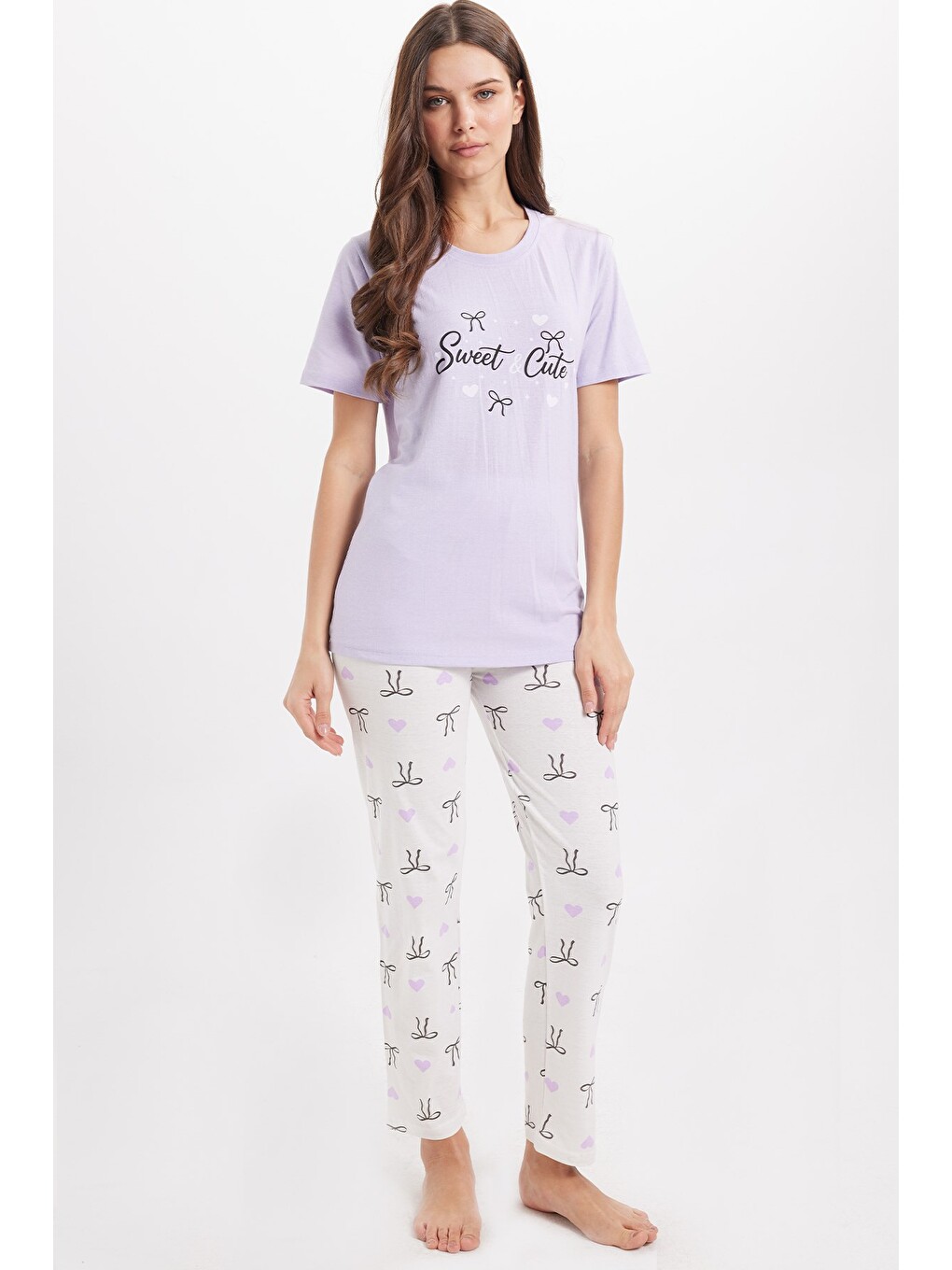 Kadın Regular Fit Klasik Kesim %100 Pamuk Bisiklet Yaka Kısa Kollu Baskılı Lila Pijama Takımı-7