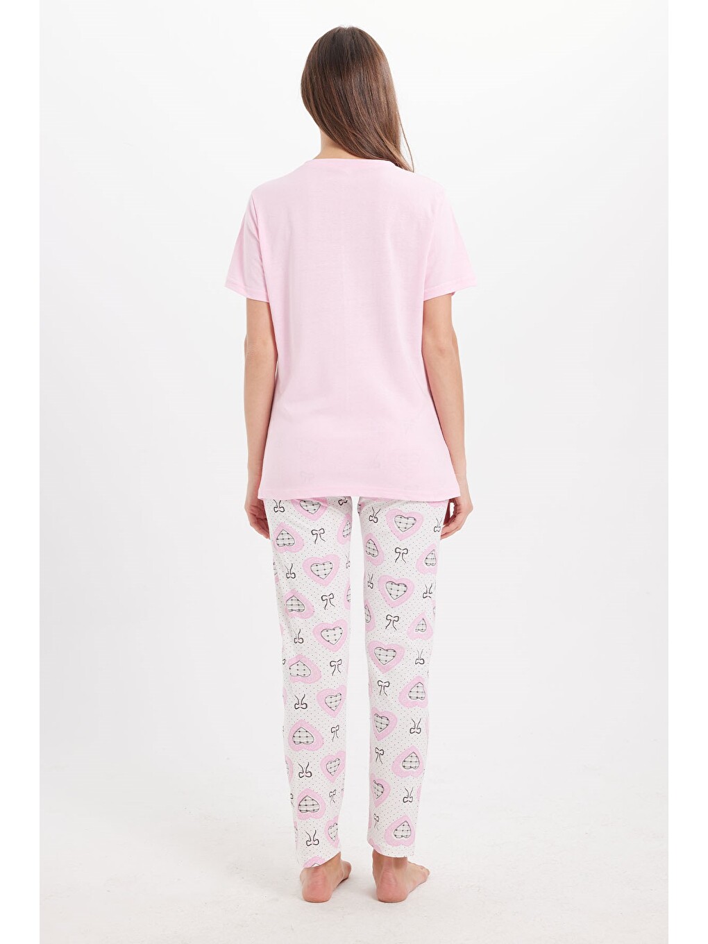 Kadın Regular Fit Klasik Kesim %100 Pamuk Bisiklet Yaka Kısa Kollu Baskılı Pembe Pijama Takımı-5
