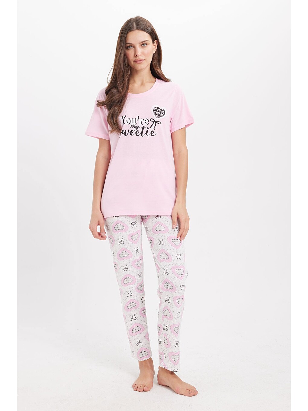 Kadın Regular Fit Klasik Kesim %100 Pamuk Bisiklet Yaka Kısa Kollu Baskılı Pembe Pijama Takımı-6