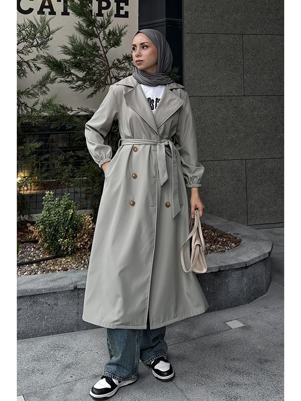 Kol Elastik Detaylı Trençkot Yeşil