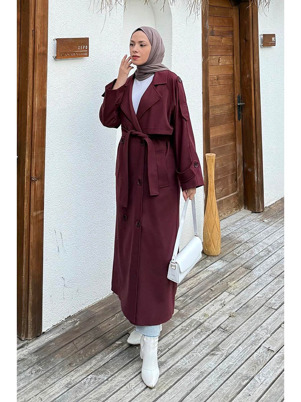Fleto Cep Omuz Apoletli Trençkot Bordo-1