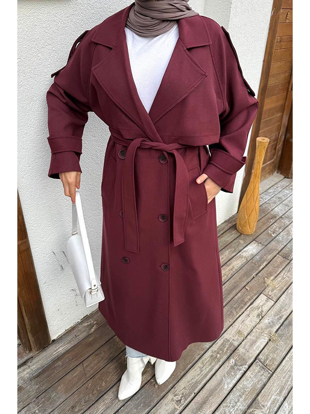 Fleto Cep Omuz Apoletli Trençkot Bordo-2