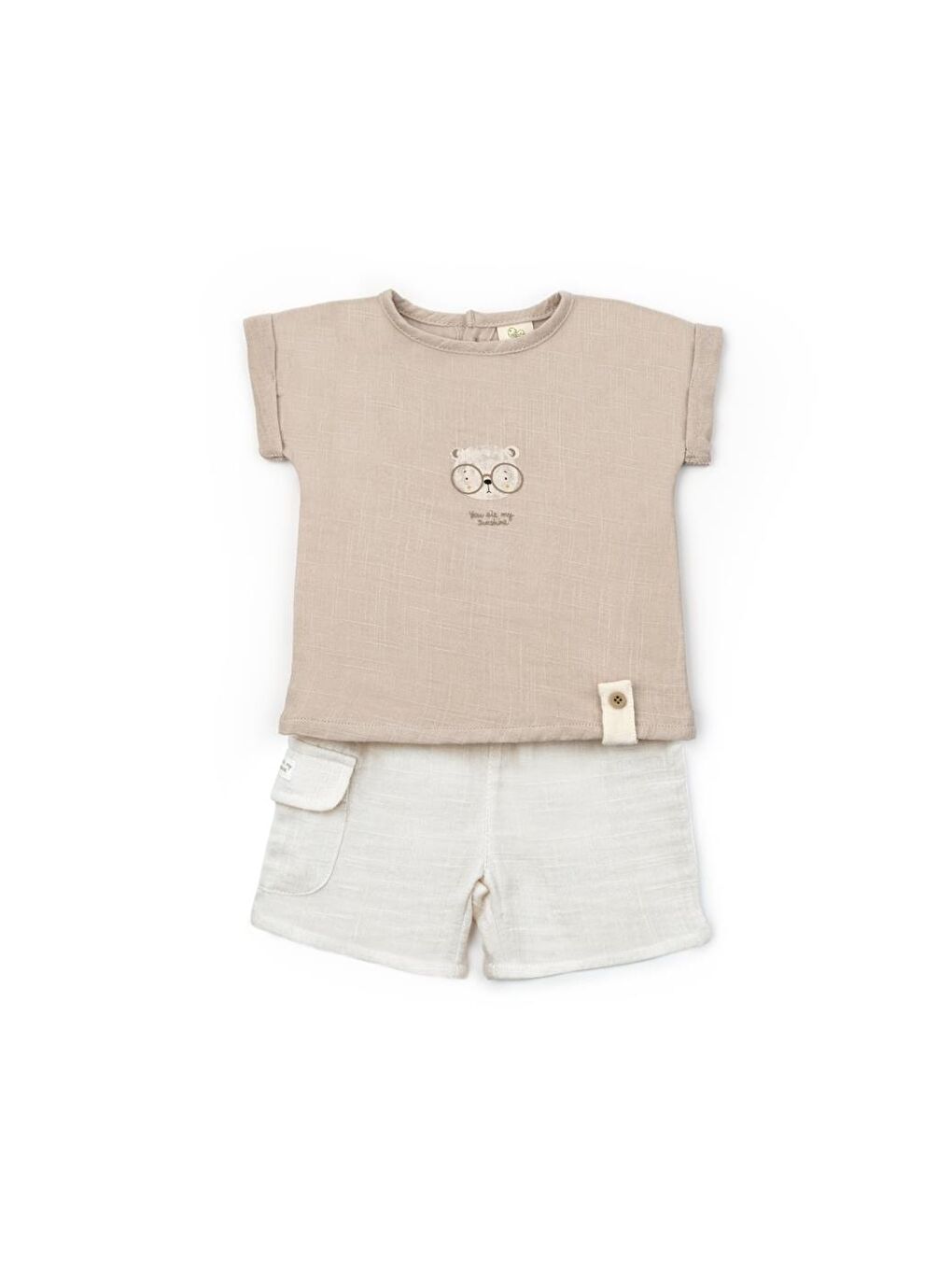 Bej Bebek Kısa Kollu Tişört ve Pantolon Takımı, %100 Pamuk, Bebek ve Yenidoğan Serisi - CSYM7103-1