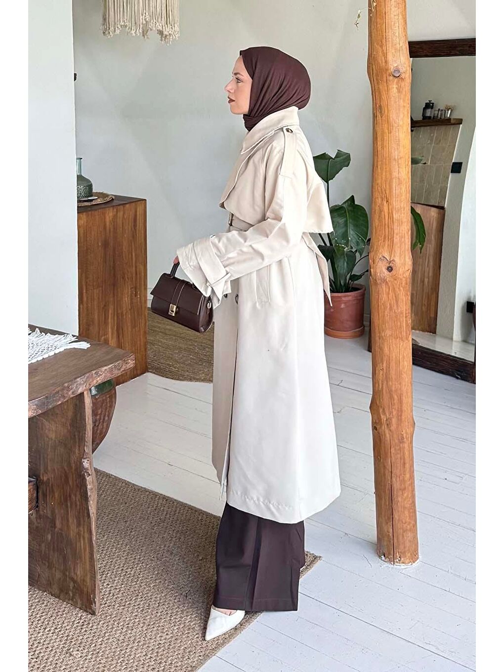 Bej Cep Yaka Trençkot Taş-1