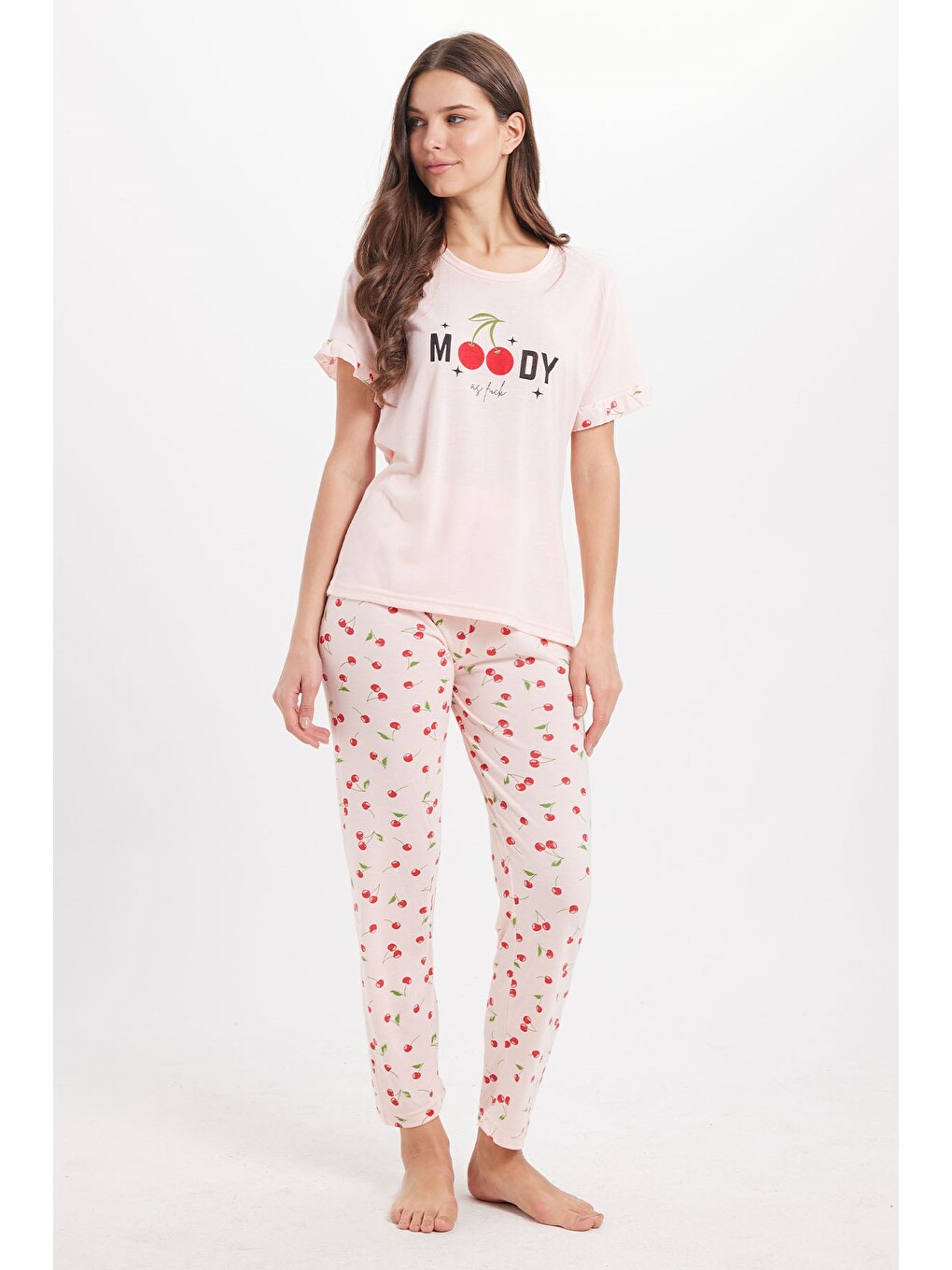 Kadın Regular Fit Klasik Kesim %100 Pamuk Fırfır Detaylı Kısa Kollu Baskılı Pembe Pijama Takımı