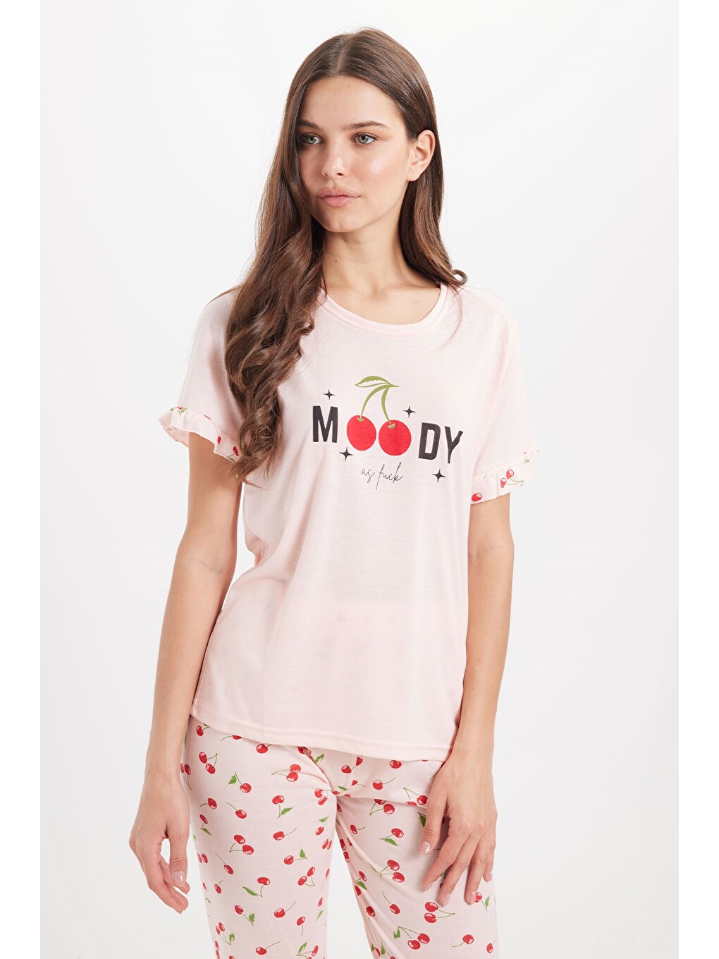 Kadın Regular Fit Klasik Kesim %100 Pamuk Fırfır Detaylı Kısa Kollu Baskılı Pembe Pijama Takımı-1