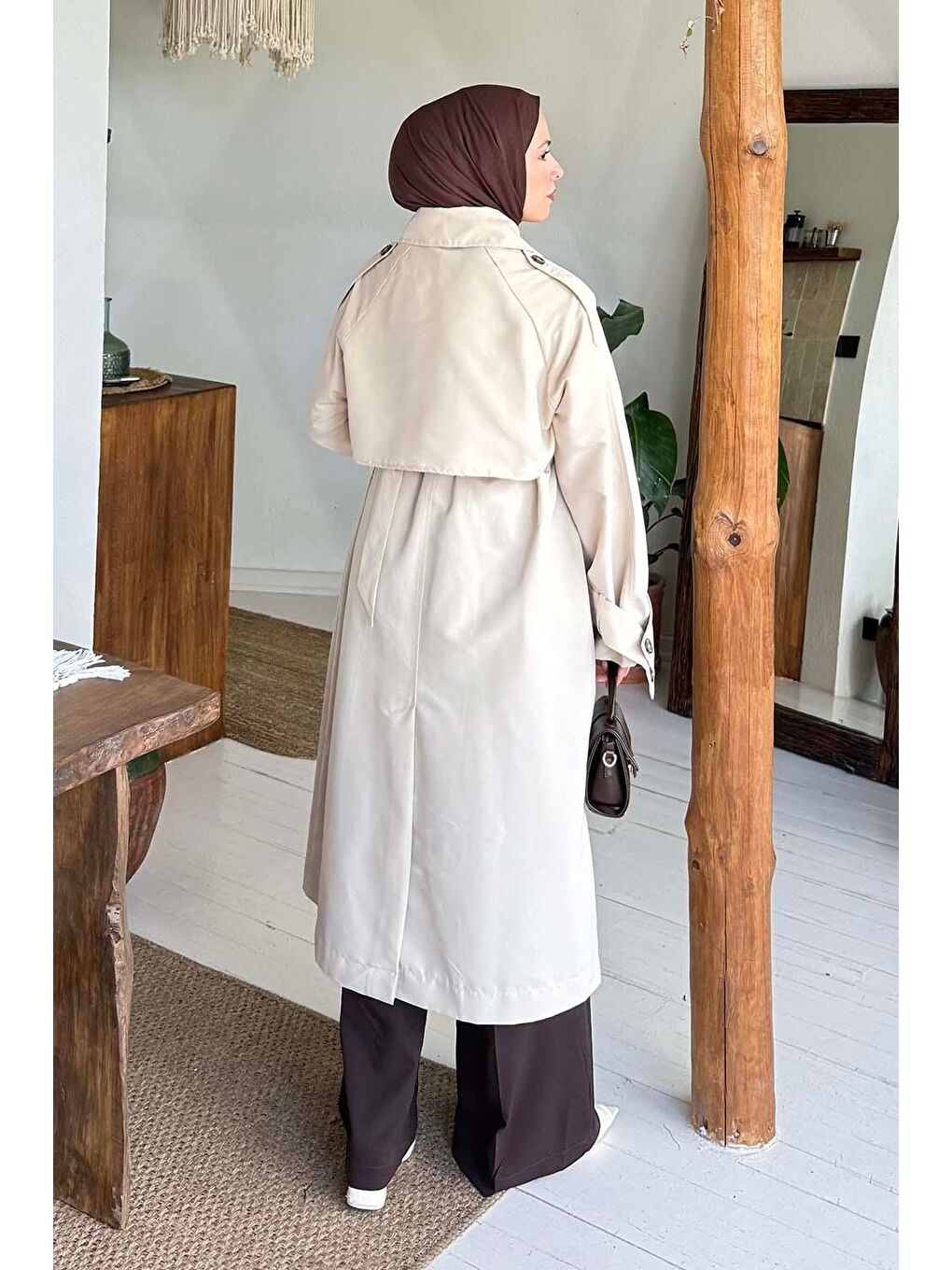 Bej Cep Yaka Trençkot Taş-3