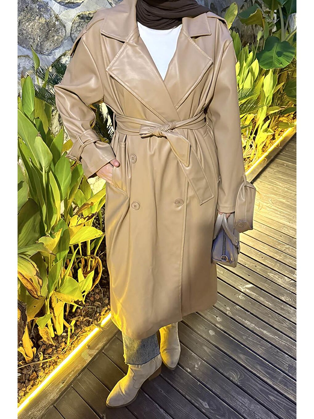 Kahverengi Omuz Apoletli Deri Trençkot Sütlü Kahve-2