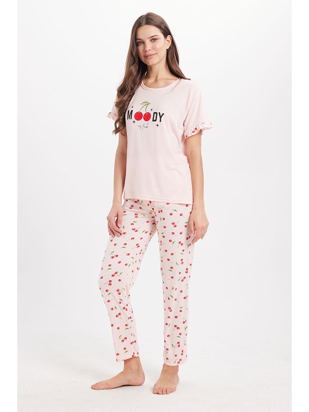 Kadın Regular Fit Klasik Kesim %100 Pamuk Fırfır Detaylı Kısa Kollu Baskılı Pembe Pijama Takımı-3