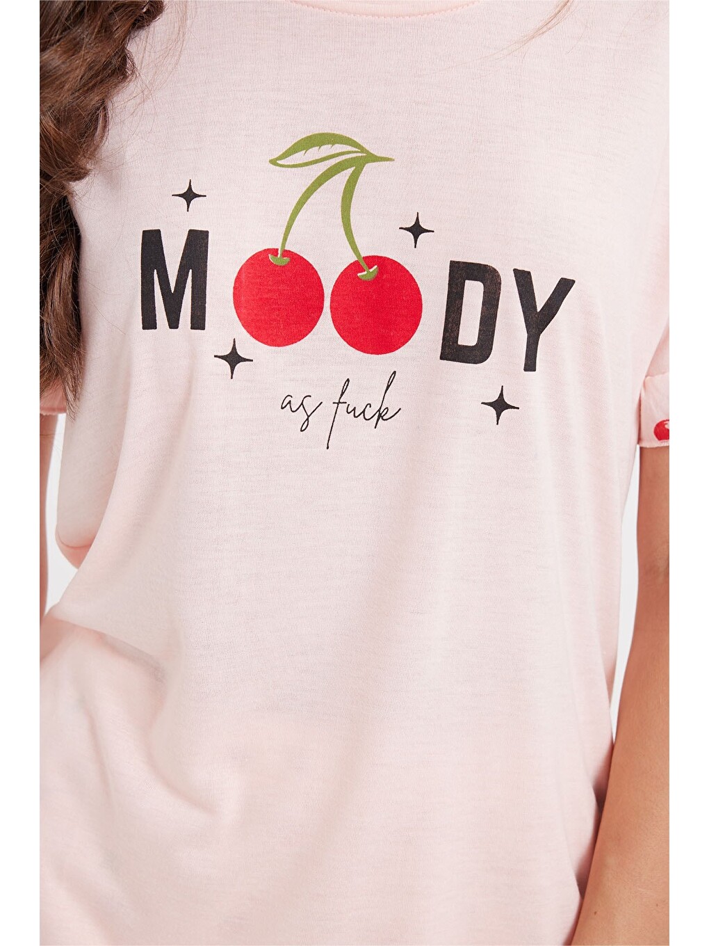 Kadın Regular Fit Klasik Kesim %100 Pamuk Fırfır Detaylı Kısa Kollu Baskılı Pembe Pijama Takımı-4