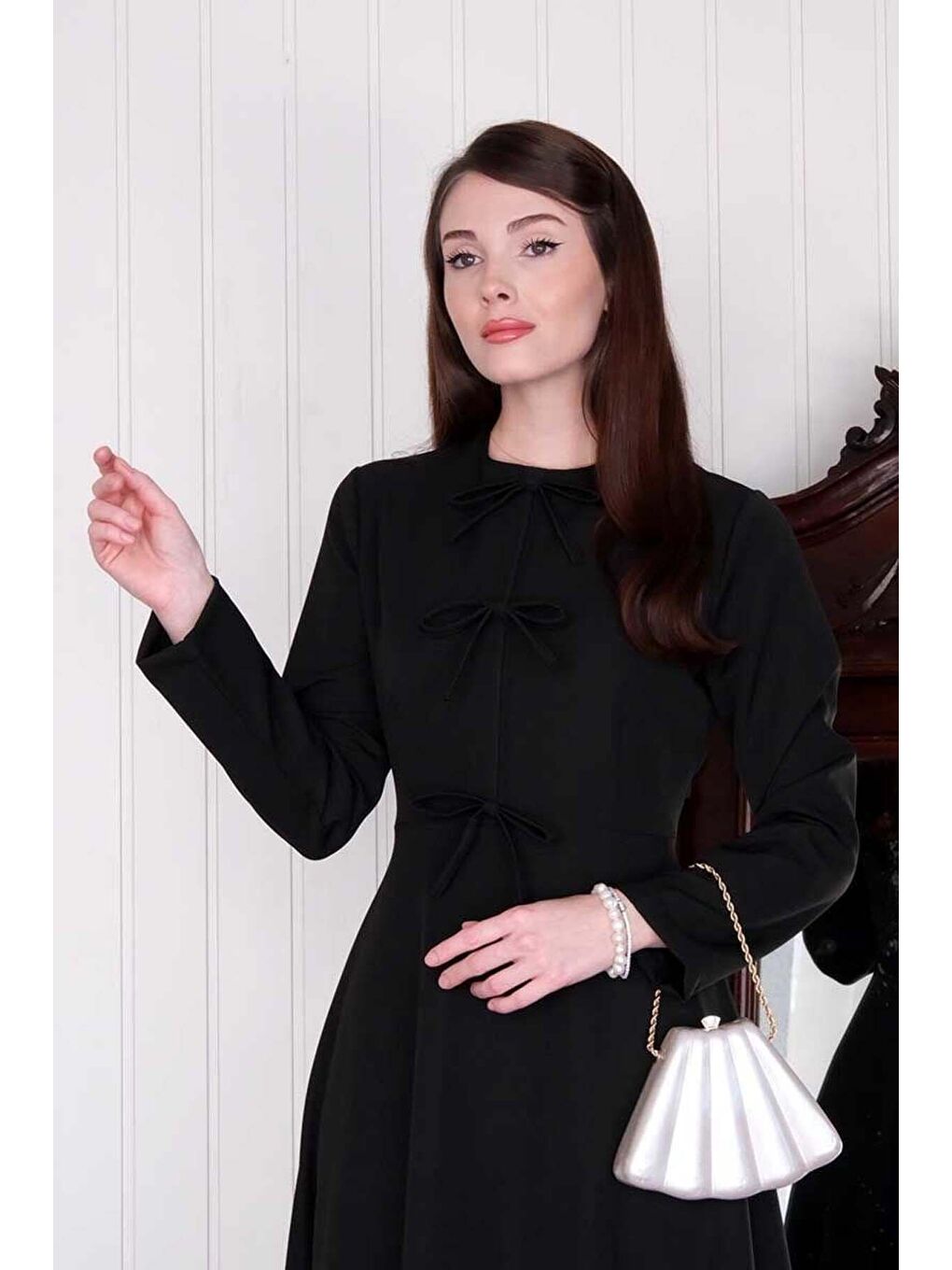 Siyah Fiyonk Detay Elbise-5