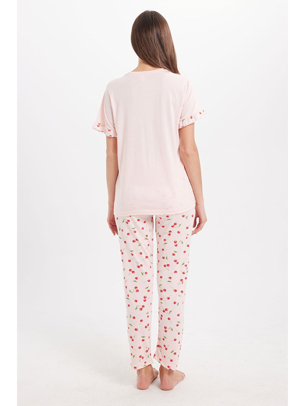 Kadın Regular Fit Klasik Kesim %100 Pamuk Fırfır Detaylı Kısa Kollu Baskılı Pembe Pijama Takımı-6