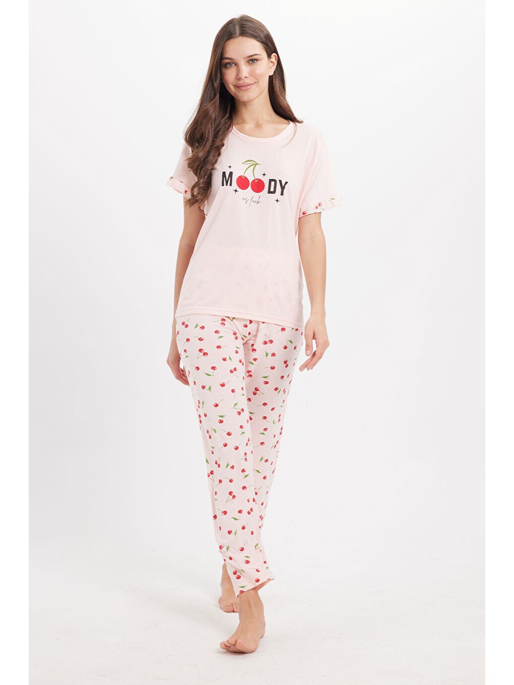 Kadın Regular Fit Klasik Kesim %100 Pamuk Fırfır Detaylı Kısa Kollu Baskılı Pembe Pijama Takımı-7