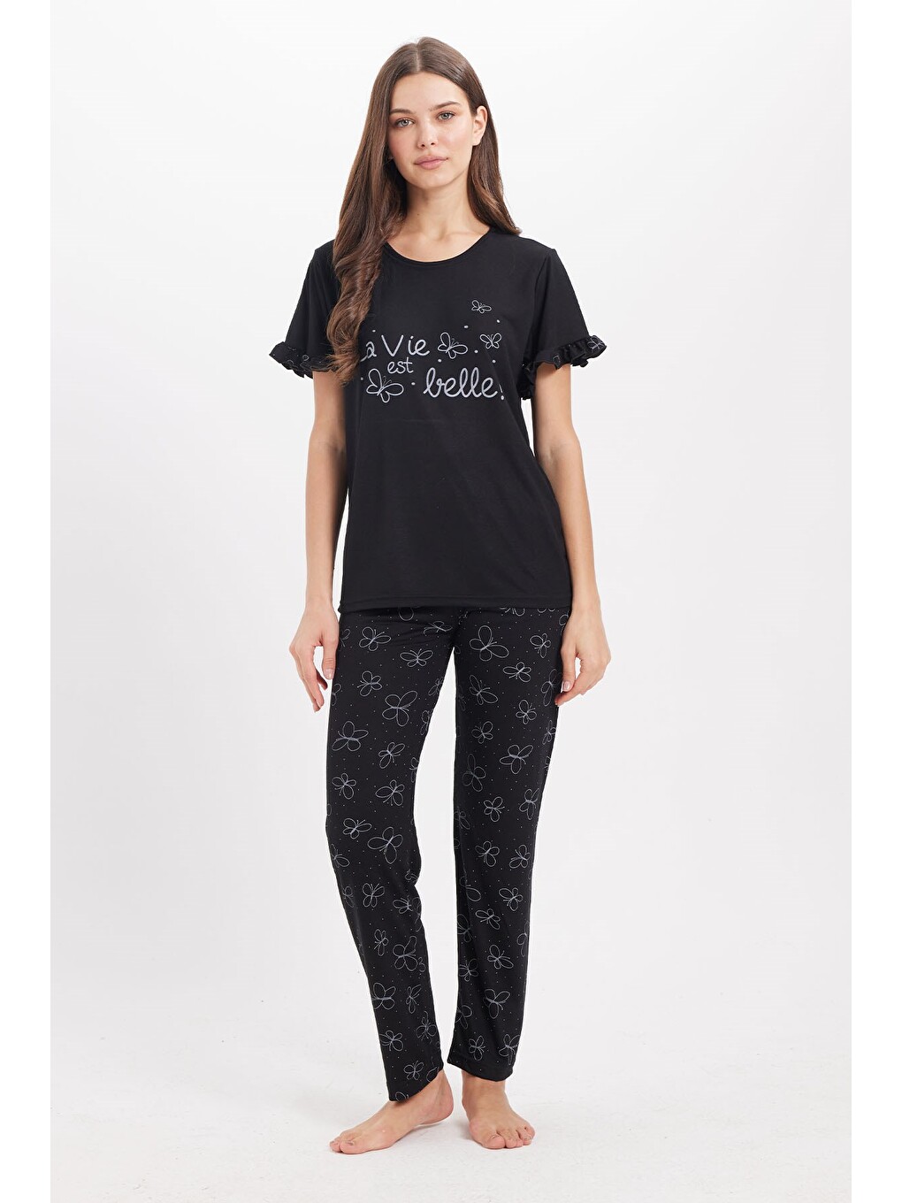 Kadın Regular Fit Klasik Kesim %100 Pamuk Fırfır Detaylı Kısa Kollu Baskılı Siyah Pijama Takımı-2