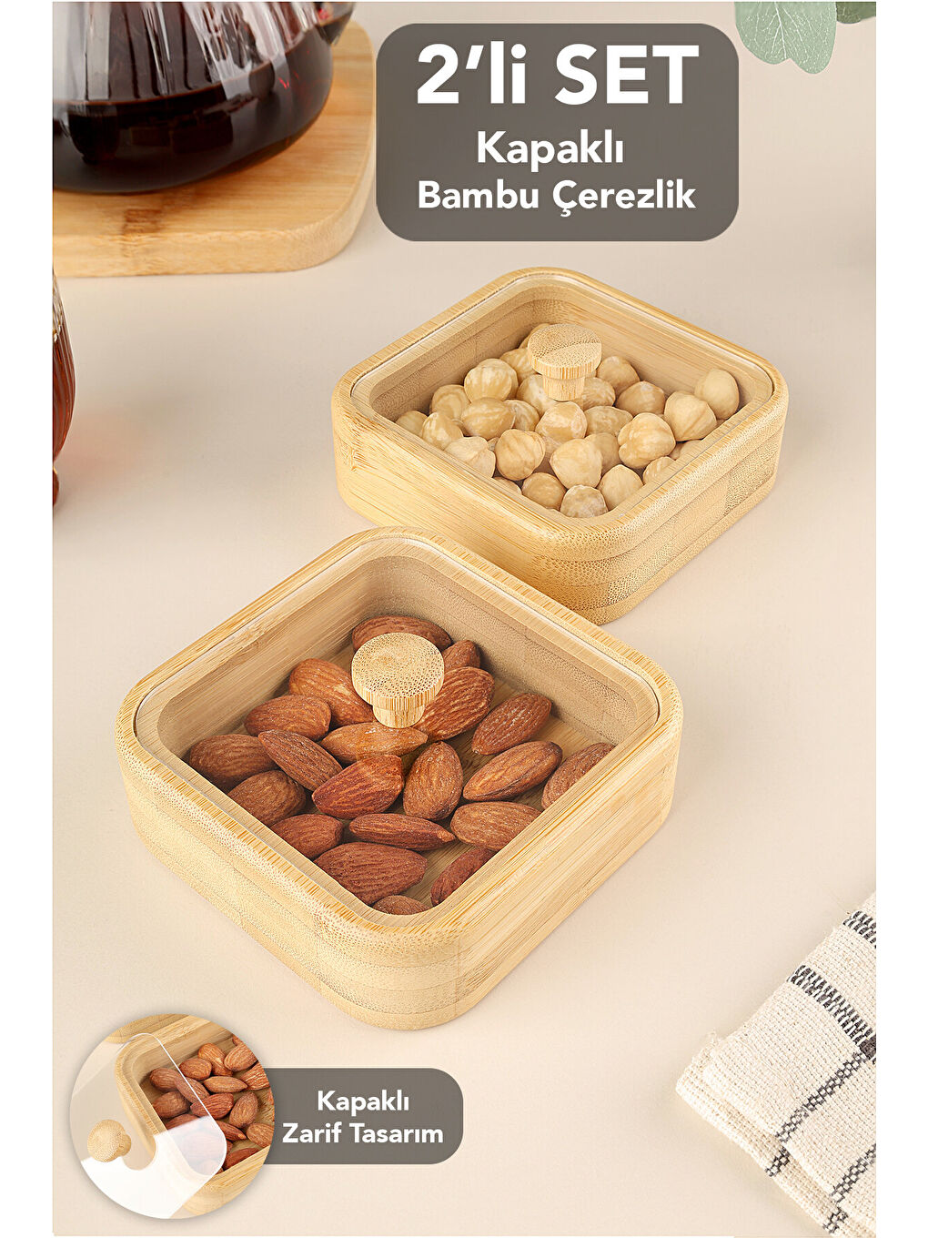Bej 2'li Kapaklı Bambu Çerezlik Seti
