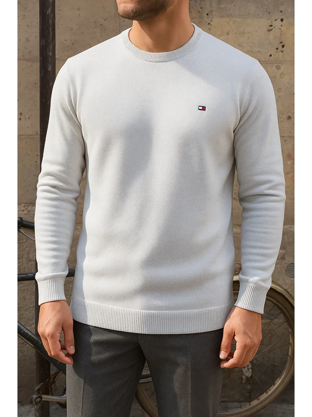 Erkek Bisiklet Yaka Slim Fit Beyaz Kazak