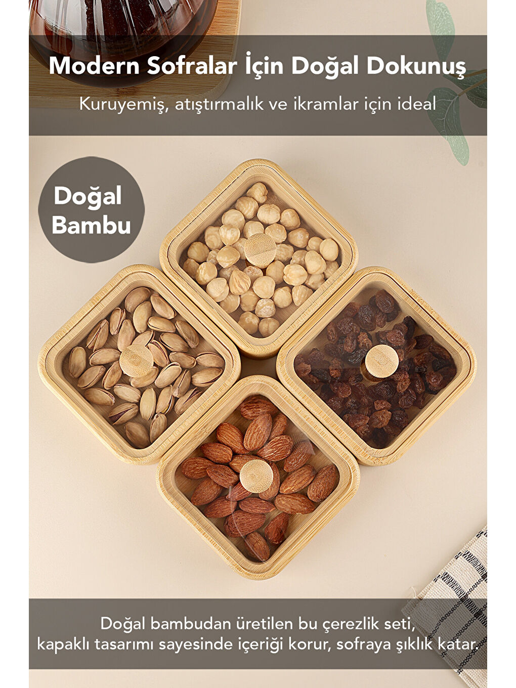 Bej 2'li Kapaklı Bambu Çerezlik Seti-2