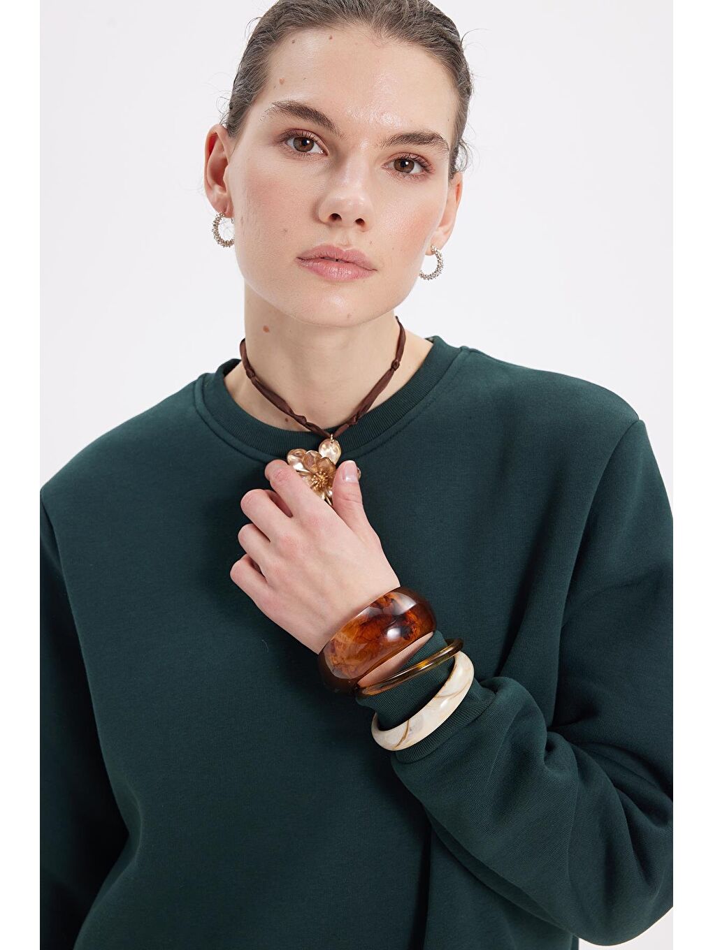 Kadın Oversize Geniş Kesim Pamuklu 3 İplik İçi Polarlı Basic Yeşil Bisiklet Yaka Sweatshirt-1