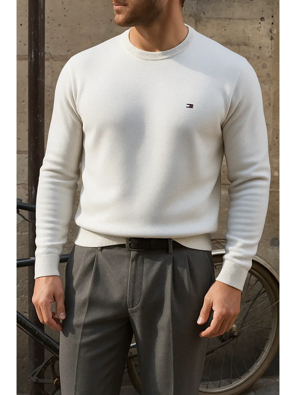 Erkek Bisiklet Yaka Slim Fit Beyaz Kazak-1