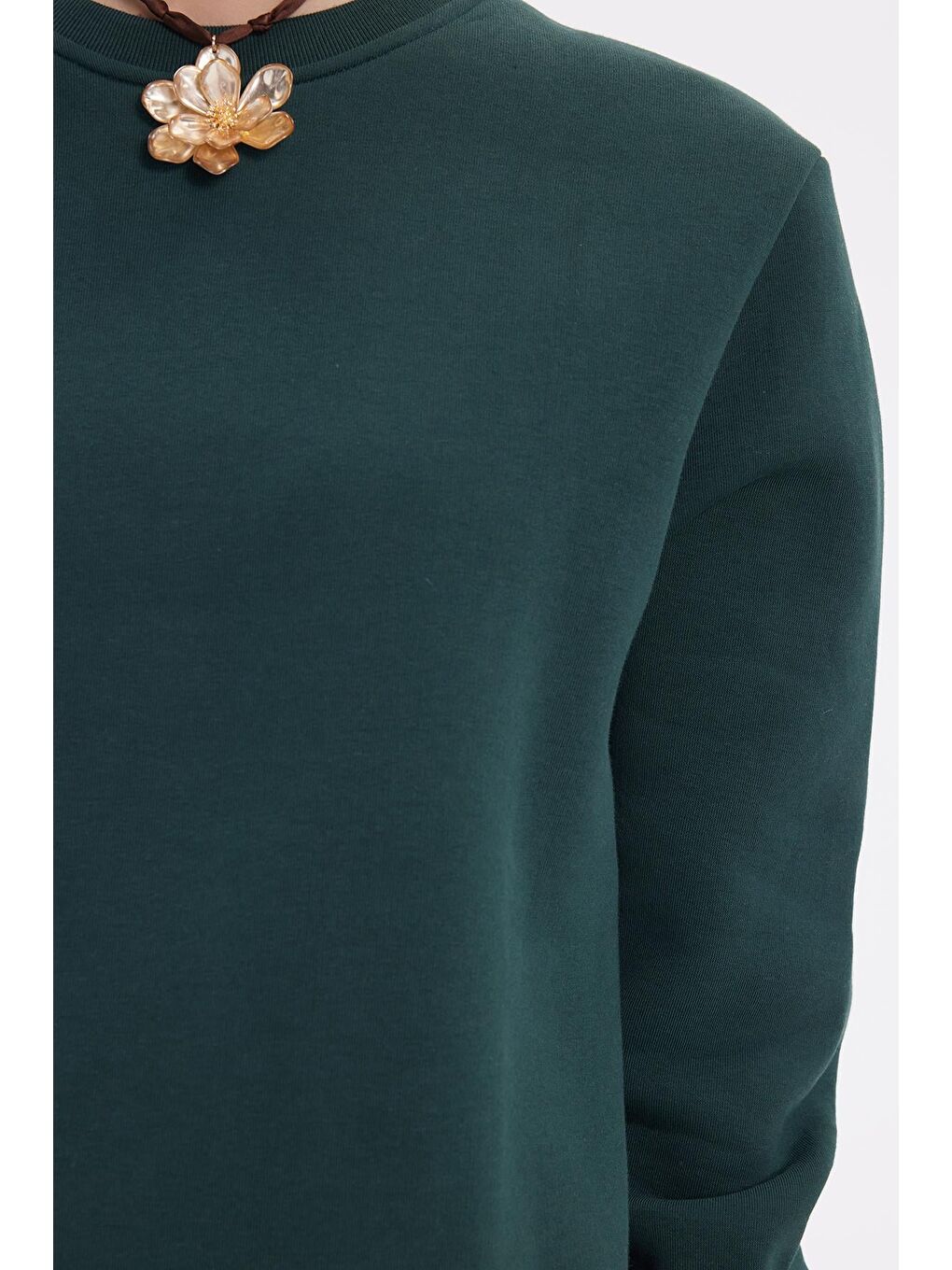 Kadın Oversize Geniş Kesim Pamuklu 3 İplik İçi Polarlı Basic Yeşil Bisiklet Yaka Sweatshirt-2