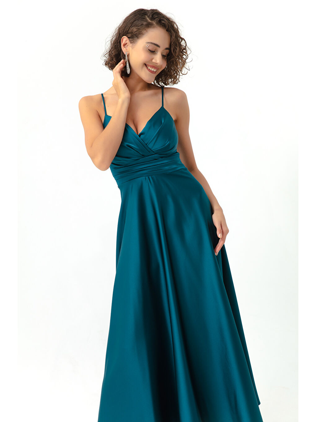 Kadın Petrol İp Askılı Bel Kemerli Saten Midi Abiye & Mezuniyet Elbisesi-1