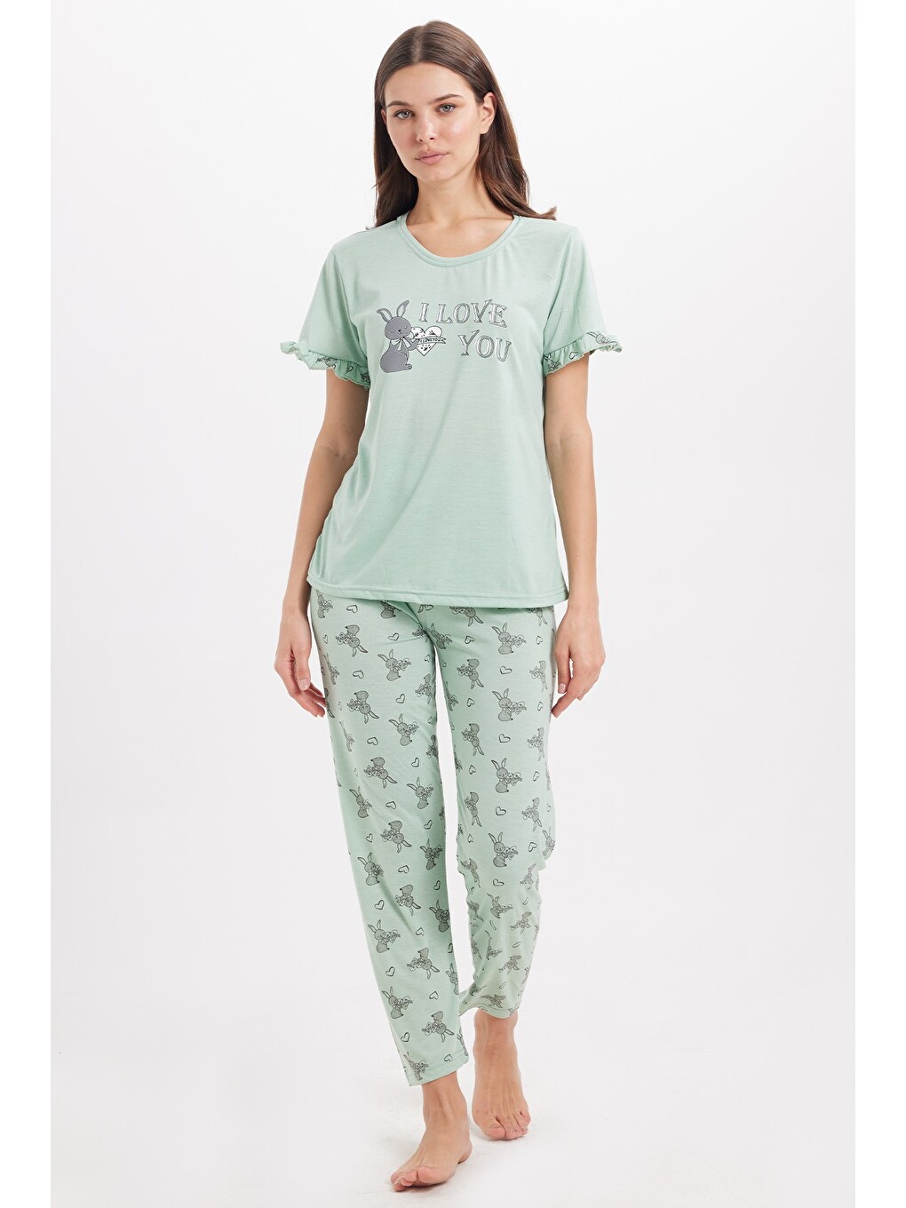 Yeşil Kadın Regular Fit Klasik Kesim %100 Pamuk Fırfır Detaylı Kısa Kollu Baskılı Mint Pijama Takımı