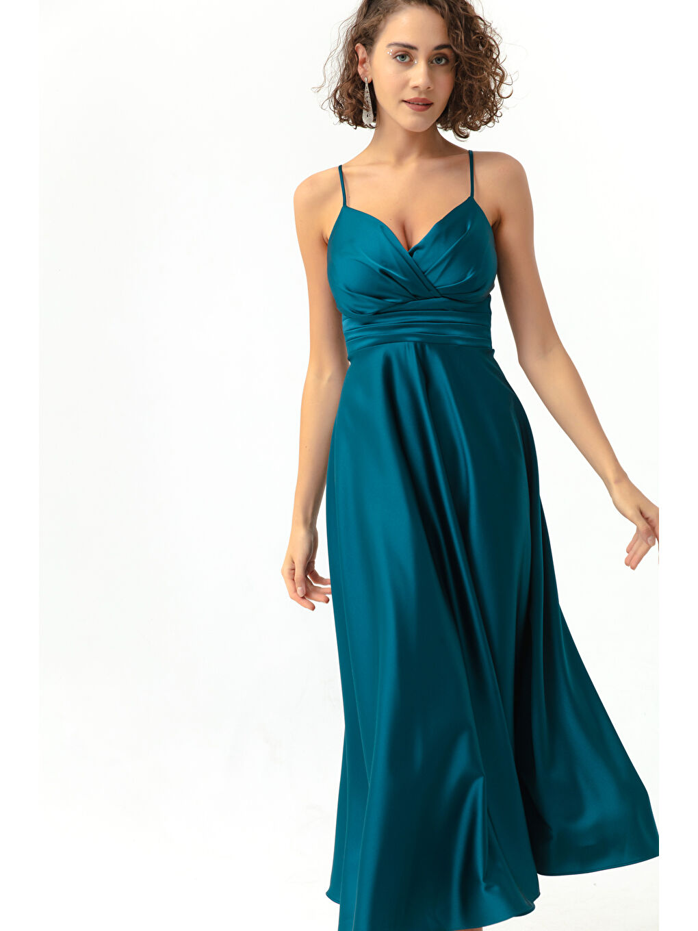 Kadın Petrol İp Askılı Bel Kemerli Saten Midi Abiye & Mezuniyet Elbisesi-2