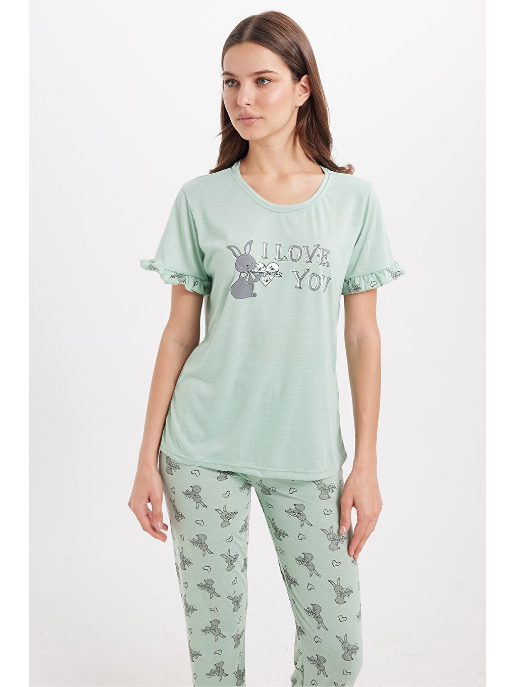 Yeşil Kadın Regular Fit Klasik Kesim %100 Pamuk Fırfır Detaylı Kısa Kollu Baskılı Mint Pijama Takımı-1