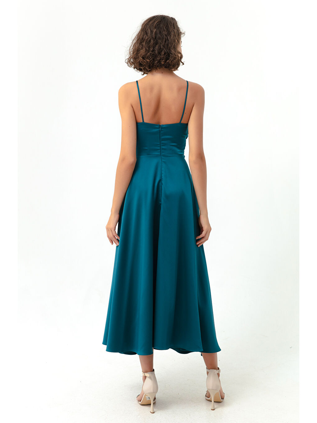 Kadın Petrol İp Askılı Bel Kemerli Saten Midi Abiye & Mezuniyet Elbisesi-3