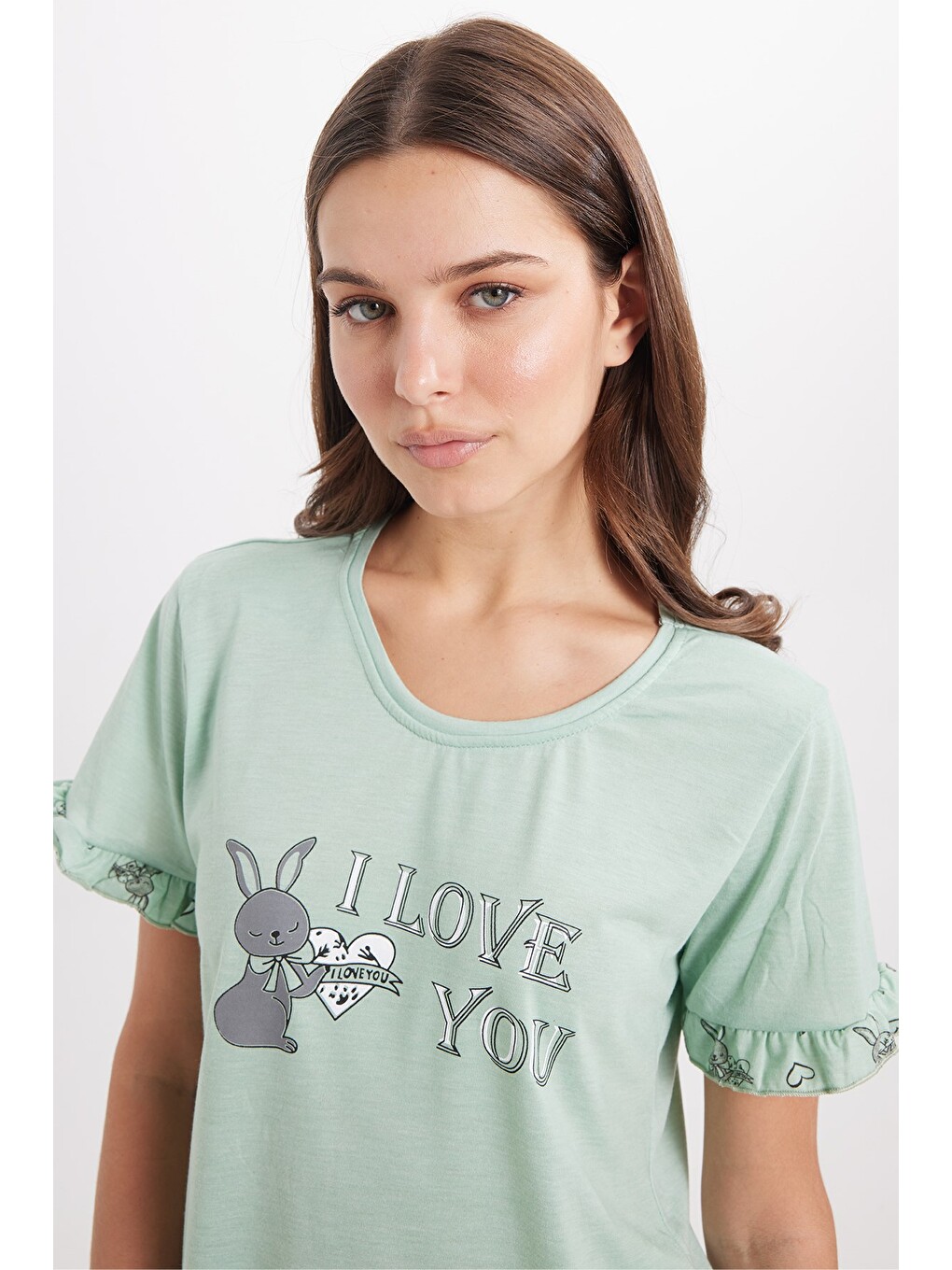 Yeşil Kadın Regular Fit Klasik Kesim %100 Pamuk Fırfır Detaylı Kısa Kollu Baskılı Mint Pijama Takımı-2