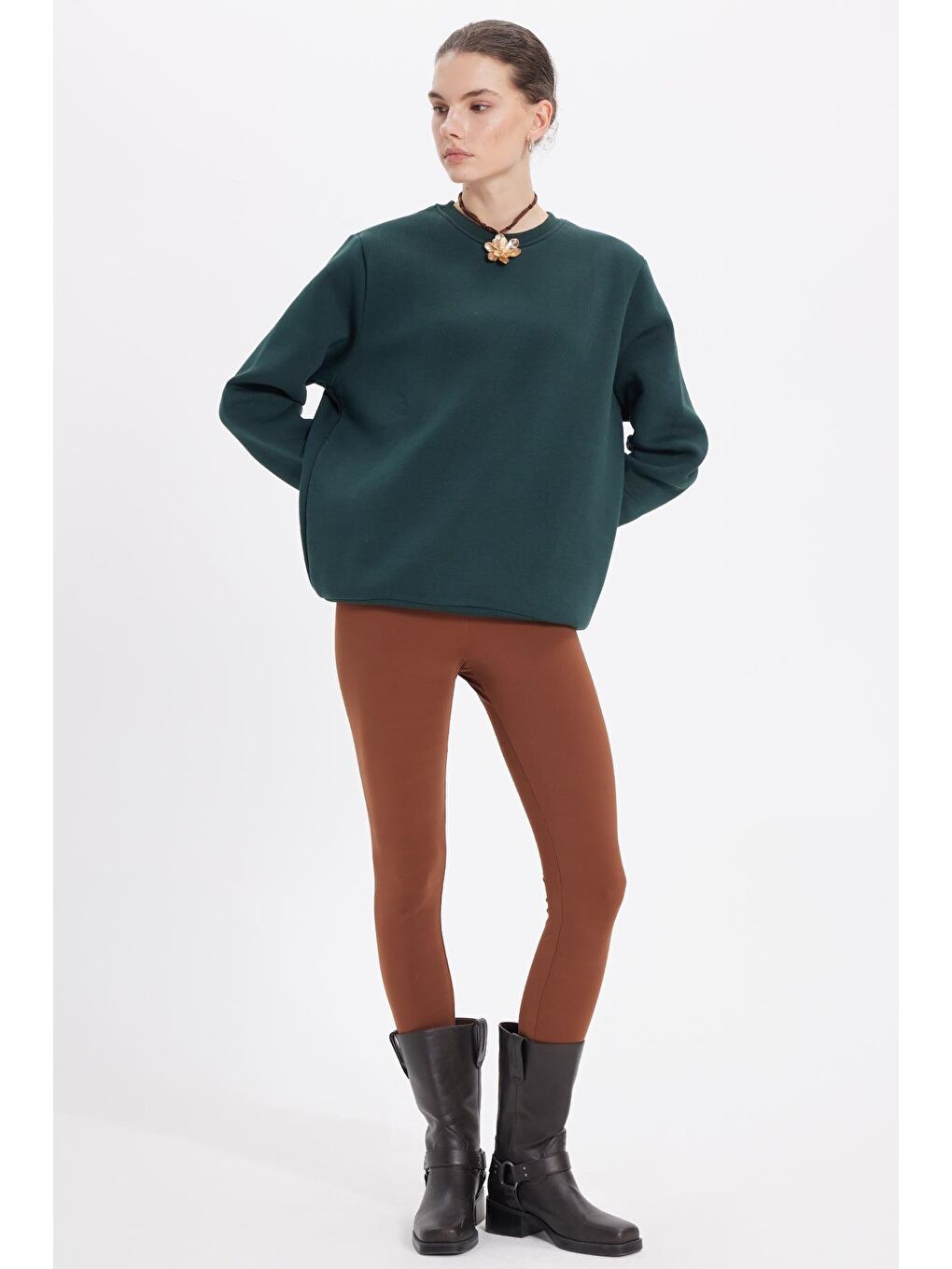 Kadın Oversize Geniş Kesim Pamuklu 3 İplik İçi Polarlı Basic Yeşil Bisiklet Yaka Sweatshirt-3