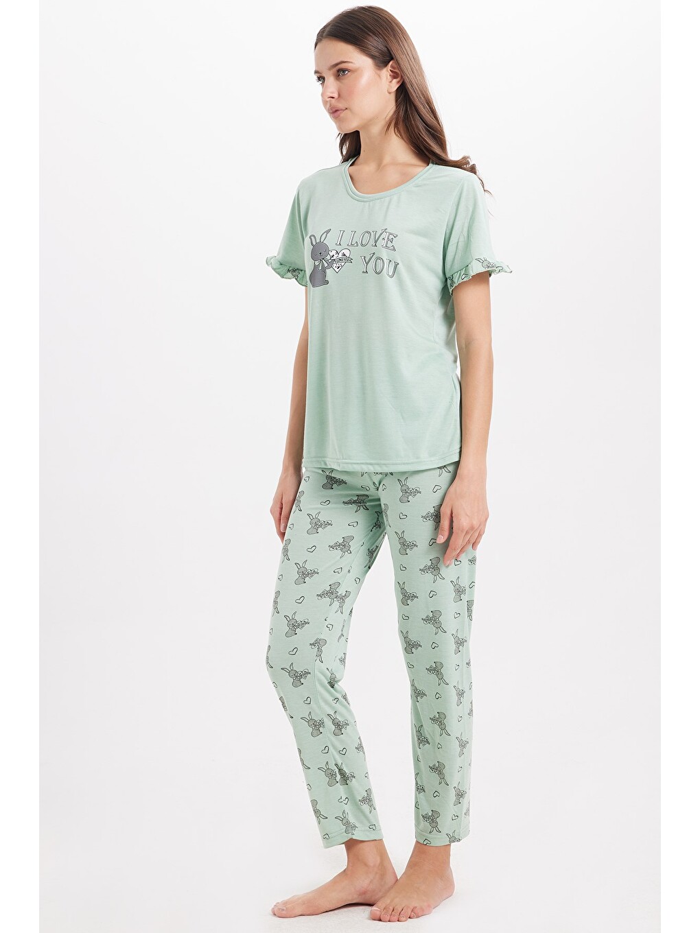 Yeşil Kadın Regular Fit Klasik Kesim %100 Pamuk Fırfır Detaylı Kısa Kollu Baskılı Mint Pijama Takımı-3