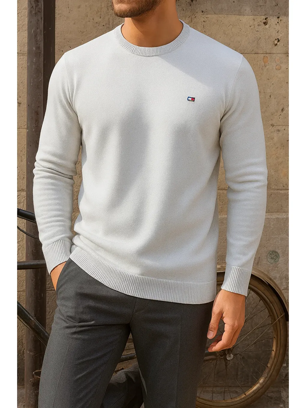 Erkek Bisiklet Yaka Slim Fit Beyaz Kazak-2