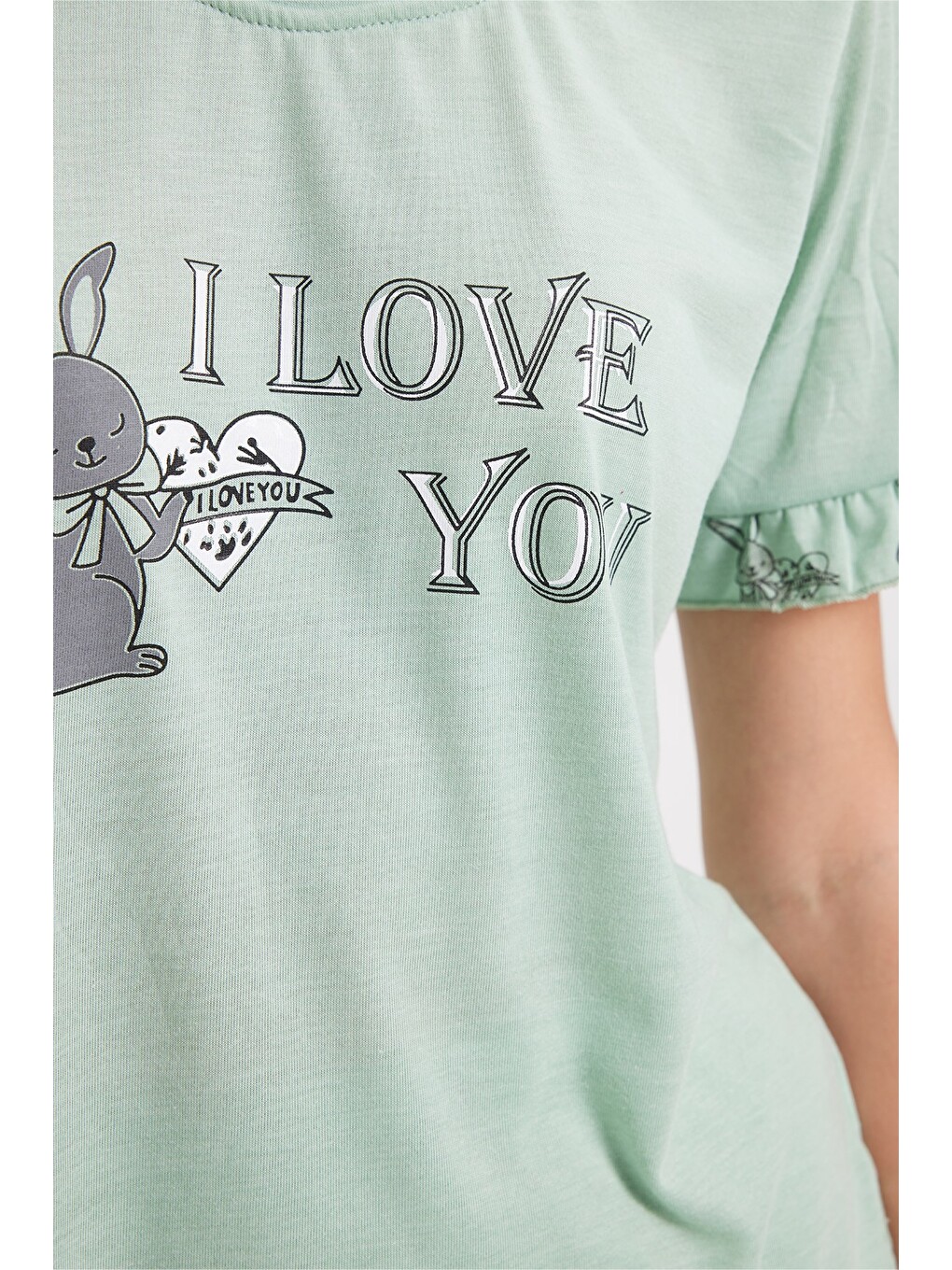 Yeşil Kadın Regular Fit Klasik Kesim %100 Pamuk Fırfır Detaylı Kısa Kollu Baskılı Mint Pijama Takımı-4