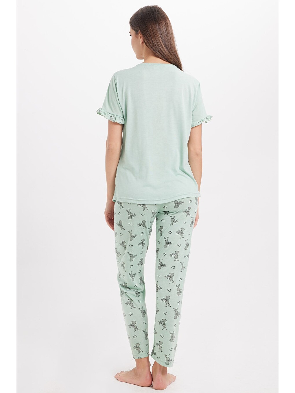 Yeşil Kadın Regular Fit Klasik Kesim %100 Pamuk Fırfır Detaylı Kısa Kollu Baskılı Mint Pijama Takımı-6