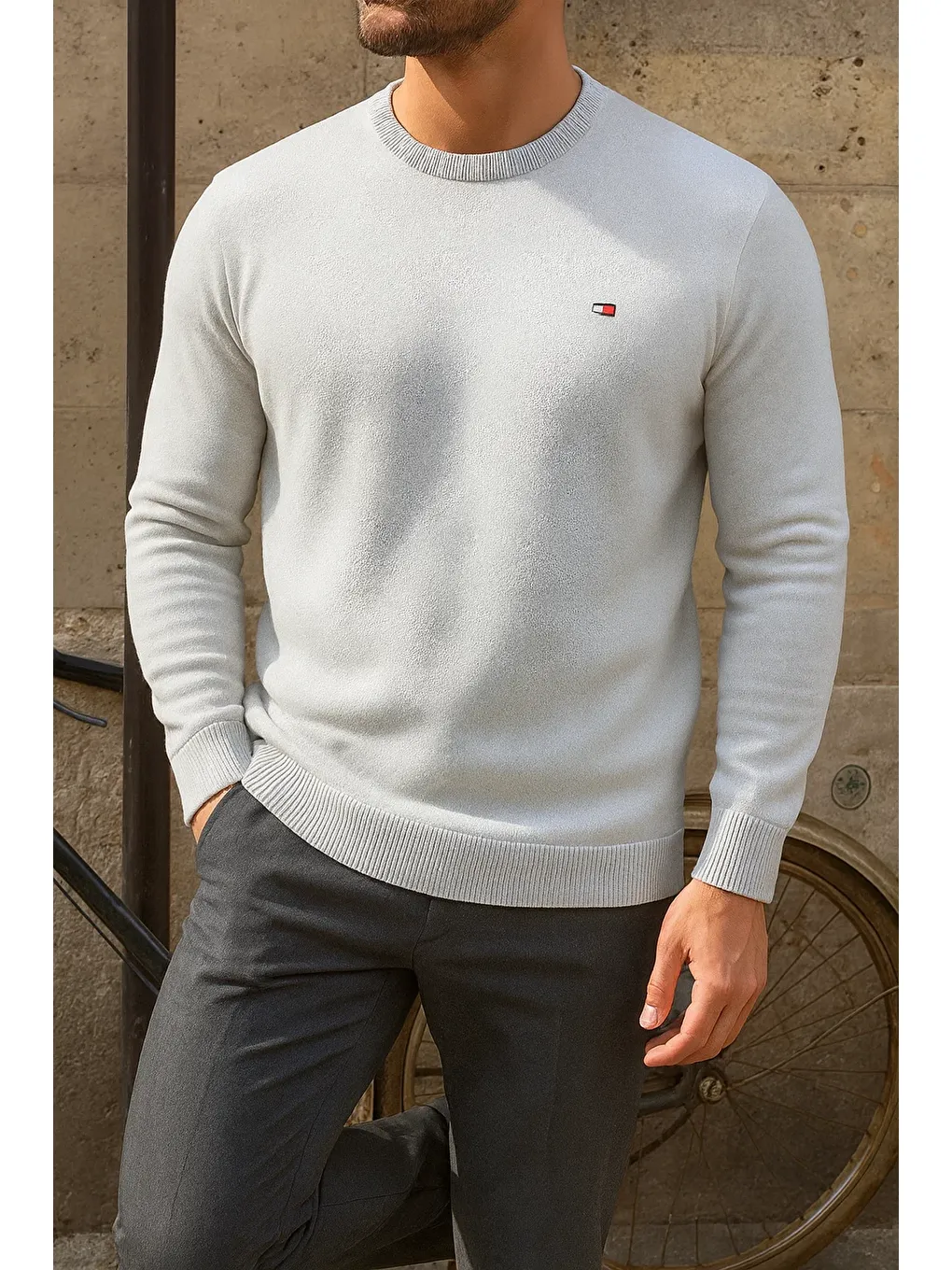 Erkek Bisiklet Yaka Slim Fit Beyaz Kazak-3