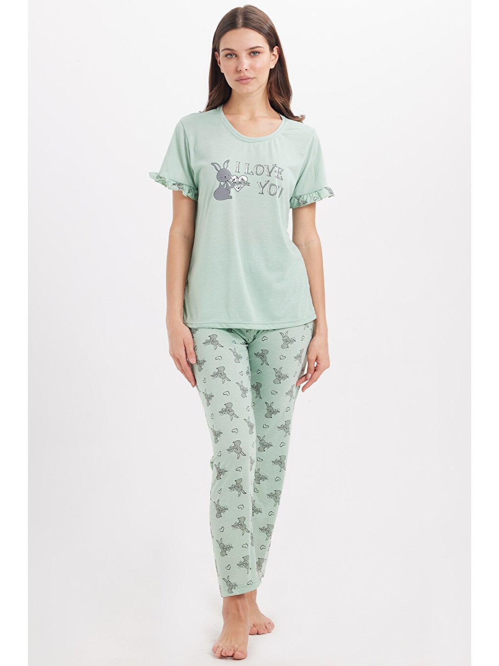 Yeşil Kadın Regular Fit Klasik Kesim %100 Pamuk Fırfır Detaylı Kısa Kollu Baskılı Mint Pijama Takımı-7